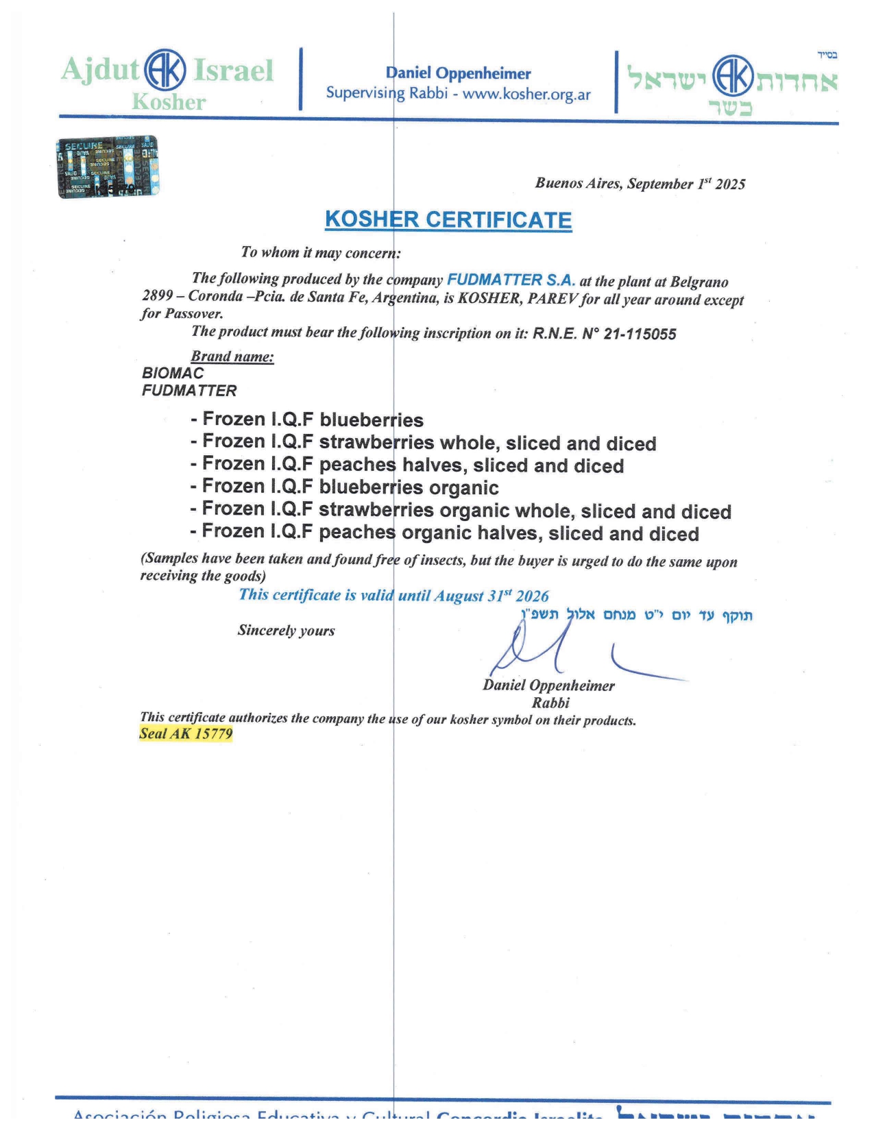 Certificado Kosher