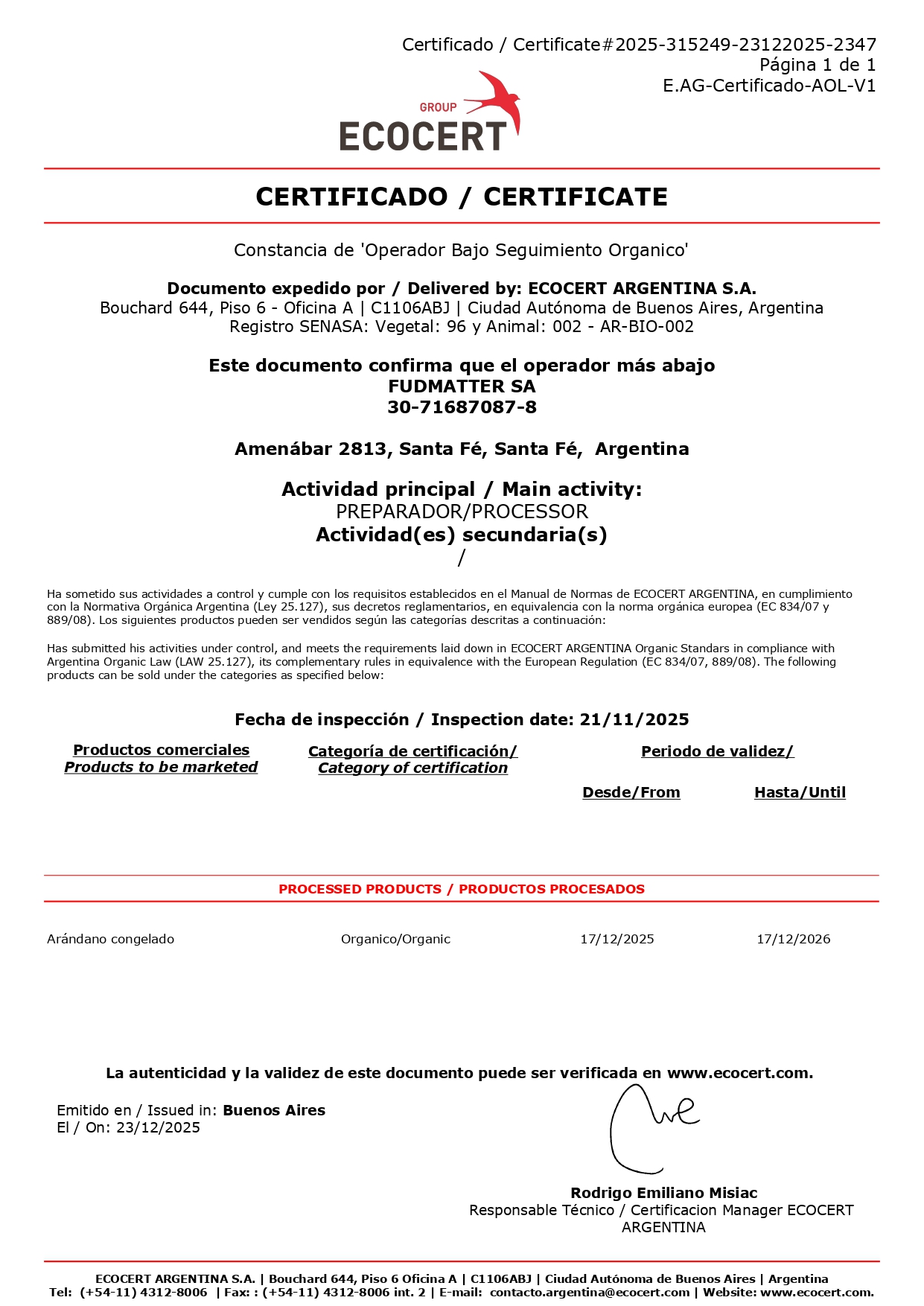 Certificado UE Orgánico