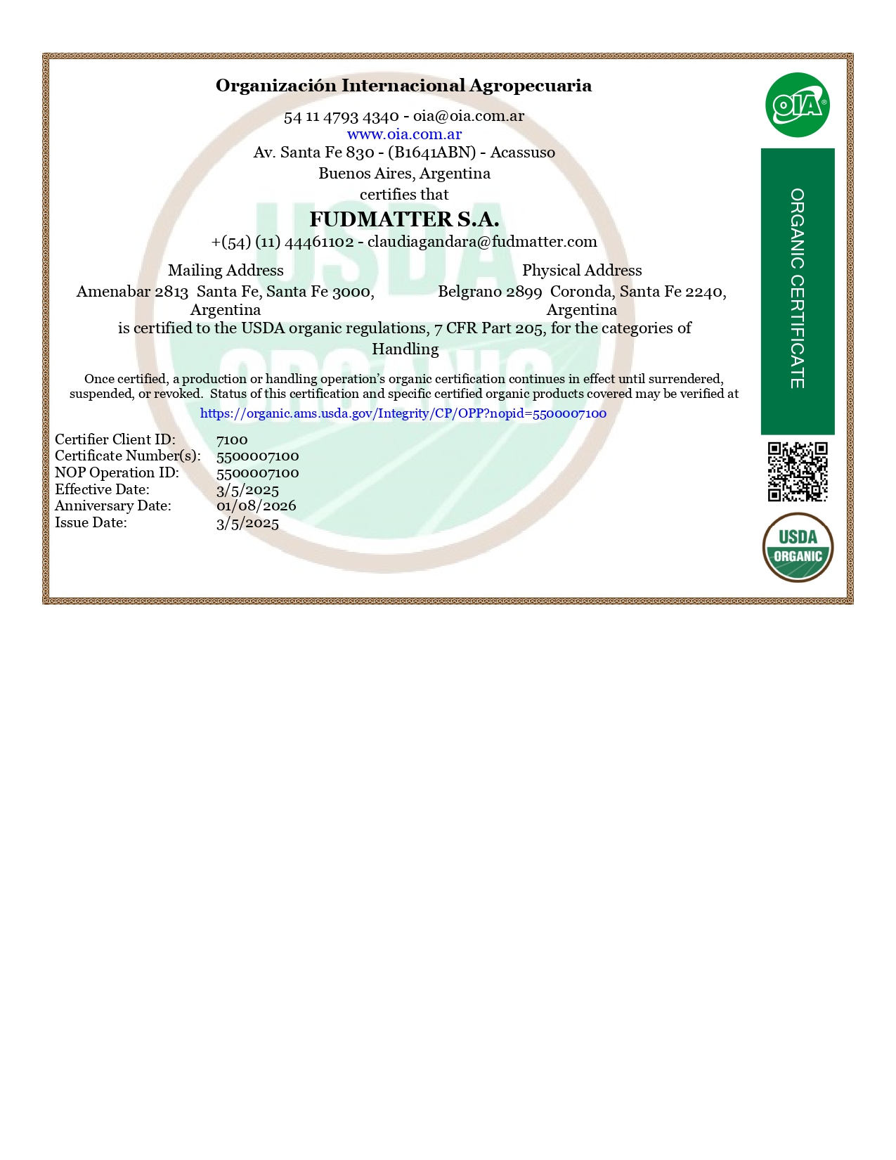 Certificado USDA Organic