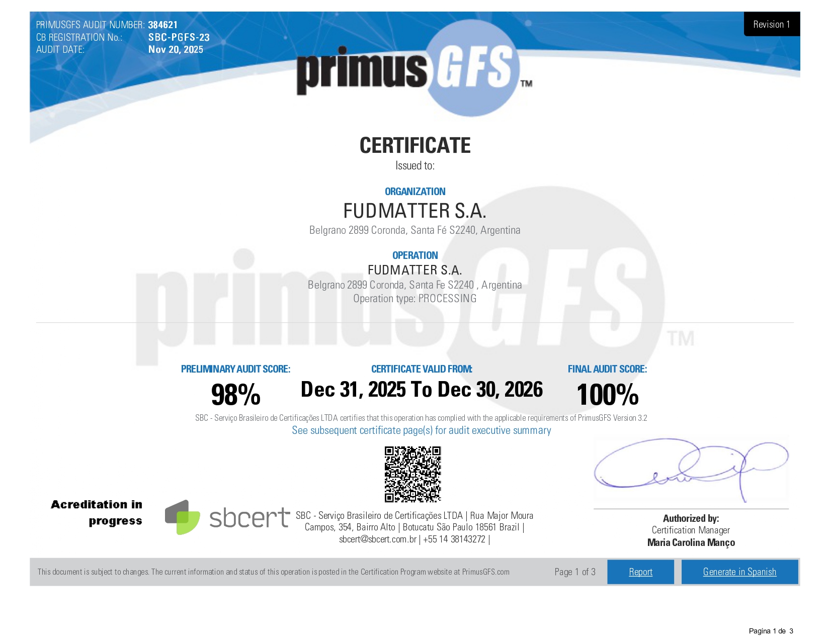 Certificado PrimusGFS